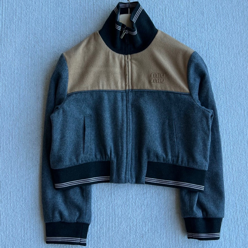 Miu Miu Two-Tone Bomber Jacket in Gray and Tan